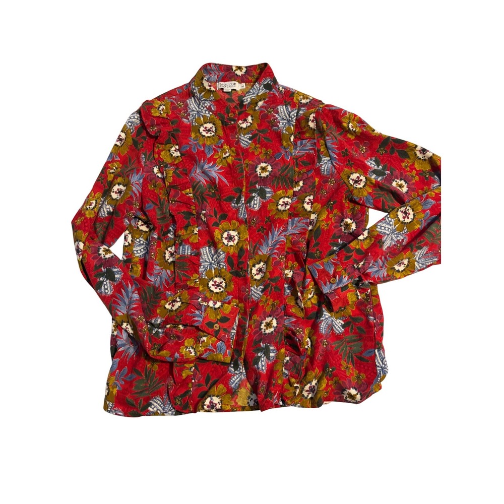 Molly Bracken Red Floral Ruffle Front Mock Neck Blouse LA1263AN Womens